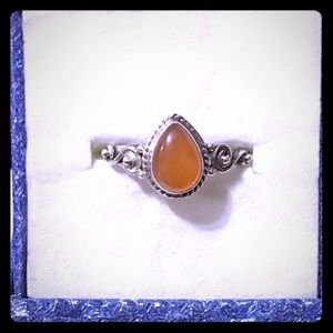 Tear shaped orange cabochon silver ring